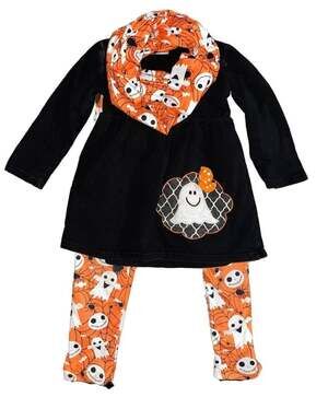 Girls 3-Piece Ghost Halloween Tunic Dress, Leggings, and Infinity Scarf Set